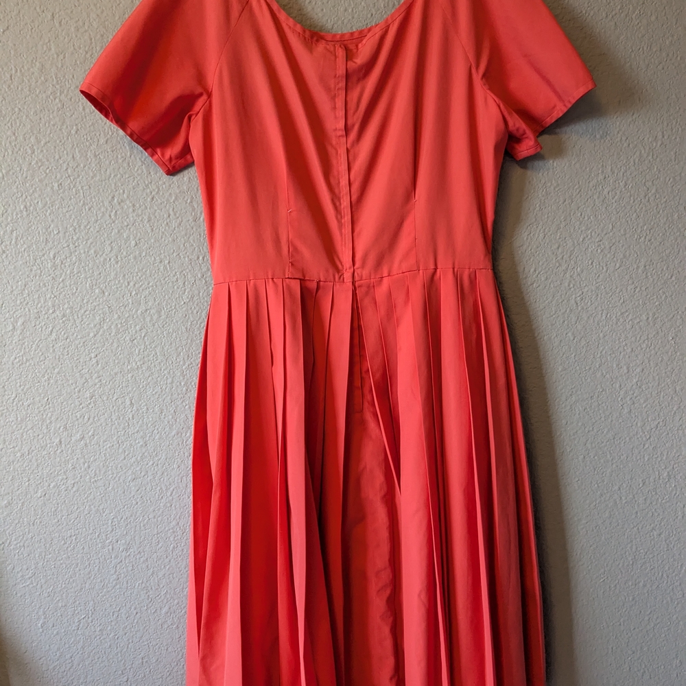 Vintage Elegant Orange Peach Dress Pleats Fit & Flare With Pockets Sz. L - Picture 8 of 10